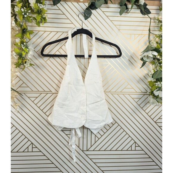 GLASSON'S Women's Linen Backless Halter Vest Button Up Tie Neck Size 10 - Picture 1 of 7